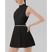 baratos Vestido Feminino-Mulheres Cor Sólida Vestido de tênis com shorts e sutiã embutidos Vestido esportivo Sem Manga Zip Up Bolsos Elástico Respirável Tênis Corrida Ginástica Gola Alta Vestidos Moletom Preto Branco Roupas