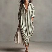 voordelige Strepen- en geometrische jurk-Dames Maxi-jurk Hemdjurk Zonnejurk Bodycon-jurk Vakantie Casual Strandstijl Dagelijks Kantoor Strand Grafisch Geometrisch Lange mouw V-hals blauw donkerbruin Zwart Blozend Roze Zomer Lente Herfst