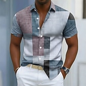  Pánské Geometrický Barevné bloky Slátanina Košile Košile na knoflíky Krátký rukáv Móda pro volný čas Denní Venkovní Dovolená Léto Jaro Přehnutý 3D tisk Len jako košile Vodní modrá Fialová Trávov