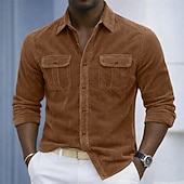 baratos Camisas de trabalho masculinas-Homens Camisa Social Textura Camisa casual Camisas de trabalho Camiseta de Veludo Azul Marinha Azul Manga Longa Tecido Colarinho de Camisa Casual Diário Bolso frontal Roupa Elegante Moda Roupa de rua