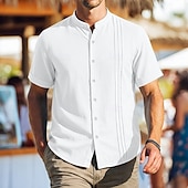 economico Vacanza-Per uomo Camicia Camicia di lino Camicia popover Camicia Estiva Abbigliamento da spiaggia Camicia con colletto alla coreana Semplice Casuale Quotidiano Nero Bianco Cachi Manica Corta Collo alla