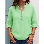 baratos Blusas Simples-Mulheres Blusa Botões Côr Sólida Diário à moda Casual Manga Longa Decote V Tops regulares Diário Preto Branco Roxo Verde Primavera Outono