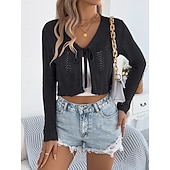 preiswerte Einfarbiger Cardigan-Damen Pullover Strickjacke Urlaub Mode Lässig Einfarbig Gehäkelt V Ausschnitt Schnürung Gestrickt Langarm Crop Tops Stricken Täglich Outdoor Wochenende Schwarz Weiß Sommer Frühling