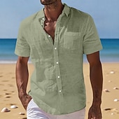  Voor heren Linnen overhemd Zomer overhemd Strand Kleding Overhemd met knopen Effen Casual Vakantie Zwart Wit Marineblauw Hemelsblauw Korte mouw Strijkijzer Zomer Kleding Zak
