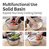 voordelige Fruit- &amp; Groentebenodigdheden-3-delige roestvrijstalen keukenset met geïntegreerde hakmolen, multifunctioneel filter en mengkom, ideaal voor het schoonmaken en snijden van fruit, groenten en kaas, perfect voor thuis koken,