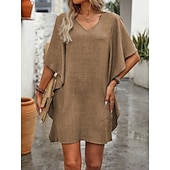 Недорогие Белое платье-Жен. Мини-платье Платье прямого кроя На каждый день Повседневные Свободное облегание Полотняное плетение Рукав до локтя V-образный вырез Синий Черный Винный Красный Лето Весна Осень