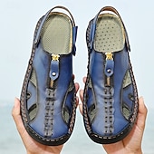cheap Casual Sandals-Men's Brown Faux Leather Closed-Toe Sandals, Hand-Stitched Breathable Casual Shoes for Summer Outdoor &amp; Beach Wear