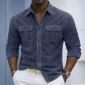 baratos Camisas de trabalho masculinas-Homens Camisa Social Textura Camisa casual Camisas de trabalho Camiseta de Veludo Azul Marinha Azul Manga Longa Tecido Colarinho de Camisa Casual Diário Bolso frontal Roupa Elegante Moda Roupa de rua