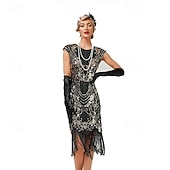 お買い得  1920年代のドレス-20代の轟音 1920年代風 膝丈 ドレス フラップワンピース セット ノー・スリーブ グレートギャツビー チャールストン プラスサイズ タッセル フェザー Ｖネック 仮装 女性用 カーニバル 新年 マスカレード パーティー スピークイージー マスカレード 成人 1×ネックレス ドレス グローブ