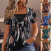 abordables Blusas a rayas y geométricas-Mujer Camiseta Camiseta superior Retazos Estampado Bloque de color Moda Elegante Casual Manga Corta Cuello Barco Tops regulares Diario Noche Fin de semana Azul Piscina Negro Vino Verde Trébol Café