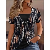 abordables Blusas a rayas y geométricas-Mujer Camiseta Camiseta superior Retazos Estampado Bloque de color Moda Elegante Casual Manga Corta Cuello Barco Tops regulares Diario Noche Fin de semana Azul Piscina Negro Vino Verde Trébol Café