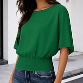 cheap Plain tee-Women's T Shirt Tee Smocked Waist Solid Color Stylish Casual Short Sleeve Batwing Sleeve Crew Neck Round Neck Regular Tops Daily Going out Black White Green Coffee Gray Summer Spring