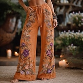  女性用 ワイドレッグ パンツ パラッツォパンツ ファッション ボヘミアン 全長 ハイウエスト フラワー ドローストリング 弾性ウエスト プリント 通気性 快適 ストリート デイリーウェア お出かけ ブルー アーミーグリーン オレンジ グリーン 春 秋 レギュラー