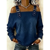 abordables Blusas Sencillas-Mujer Blusa Espalda al Aire Color sólido Elegante Vacaciones Vintage Manga Larga Hombros Caídos Tops regulares Diario Exterior Ropa de calle Azul Piscina Bleu Ciel Tela caqui oscura Negro Azul Oscuro