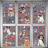  388 stuks raamstickers voor 4 juli, 36 vellen (4 verpakkingen) patriottische statische stickers met schattige honden en katten, herbruikbare stickers met de Amerikaanse vlag voor