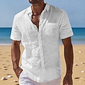  Voor heren Linnen overhemd Zomer overhemd Strand Kleding Overhemd met knopen Effen Casual Vakantie Zwart Wit Marineblauw Hemelsblauw Korte mouw Strijkijzer Zomer Kleding Zak