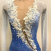 abordables Robes de Patinage Artistique-Robe de patinage artistique Femmes Patinage Robe Bleu + Blanc Patchwork Ourlet asymétrique Élastique Entraînement Compétition Tenue de Patinage Classique cristal pailleté manche longue Patinage sur