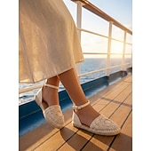 ieftine Femei-Sandale plate de damă, tip espadrilă, din dantelă albă – pantofi boho pentru domnișoare de onoare pentru nunți pe plajă, design confortabil croșetat, cu vârful închis, pentru ceremonii în aer liber