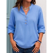 baratos Blusas Simples-Mulheres Blusa Botões Côr Sólida Diário à moda Casual Manga Longa Decote V Tops regulares Diário Preto Branco Roxo Verde Primavera Outono