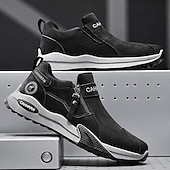 cheap Slip-On Casual Shoes-Men's Khaki and Black Slip-On Sneakers with Side Zipper, Lightweight Athletic Casual Shoes for Daily Walking, Travel and Outdoor Activities