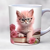 levne Šálky a hrnečky-Hrnek na kávu o objemu 293 ml s roztomilým 3D motivem kočky, králíka a ptáka, termohrnek z keramiky, opakovaně použitelný, pouze ruční mytí, rozkošný zvířecí design s květinami, perfektní dárek ke