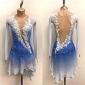 abordables Robes de Patinage Artistique-Robe de patinage artistique Femmes Patinage Robe Bleu + Blanc Patchwork Ourlet asymétrique Élastique Entraînement Compétition Tenue de Patinage Classique cristal pailleté manche longue Patinage sur