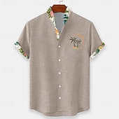 preiswerte Tropische Pflanzen-Herren Kokospalme Tropische Pflanzen Blumen Sommer Hawaiihemd Knopfhemd Stehkragenhemd Kurzarm Hawaiianisch Strandurlaub Sommer Frühling Mandarinkragen 3D-Druck Leinenähnliches Hemd Blau Rosa Grün