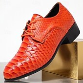 economico Scarpe Derby-scarpe eleganti da uomo in similpelle con stampa serpente arancione brillante, sneakers alla moda con punta affilata e lacci per locali notturni, feste e audaci dichiarazioni di moda