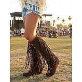 abordables Mujeres-Botas hasta la rodilla de gamuza sintética bordada con flecos para mujer, estilo bohemio para festivales y ropa informal