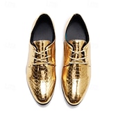 זול נעלי דרבי-נעלי ערב מטאליות לגברים בצבע תנין מוזהב - נעליים רשמיות מבריקות למסיבות, חתונות ואירועי מועדוני לילה
