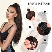baratos Rabos-de-Cavalo-Extensão de rabo de cavalo com cordão de 66 cm (26 polegadas), aplique de cabelo longo e ondulado para mulheres - aplique de cabelo sintético para uso diário (castanho chocolate com mechas loiras mel)