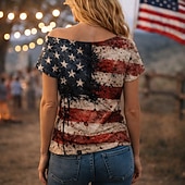 ieftine Topuri-A 250-a aniversare a SUA Retro / vintage Anii 1980 Lungime scurtă Tricou Pe Umăr Mâneci scurte Drapel USA Costume de fancy Pentru femei 4 iulie Ziua Independenței Adulți Tricou