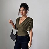 economico Bluse Semplici-Per donna Blusa Tinta unica Semplice Elegante Vintage Moda Manica Corta Scollo a V Scollo profondo Top Regolari Rosso violaceo Marrone caffè Nero Verde militare Estate Primavera