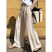 preiswerte Wesentliche Falsche Unterteile-Damen Kunstbaumwollleinen Weites Bein Chinos Sommerhose Urlaub Mode Streetwear Volle Länge Hohe Taille Einfach Tasche Elastischer Bund Bequem Komfort Weich Dehnbar Täglich Outdoor Straße Marineblau