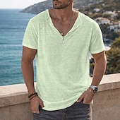 cheap Cotton Linen T-shirts-Men's Tee Top Linen T-Shirt Short Sleeve Short Sleeves Henley Collar Summer Plain Fashion Designer Basic Soft Casual Vacation Street Light Blue Top Tee for Men