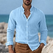 baratos Férias-Homens Camisa Social Camisa de linho Camisa de colarinho chinês Camisa gola mandarim Camisa casual camisa de botão Tecido Streetwear Férias Azul Preto Branco Rosa Manga Longa colarinho do vovô