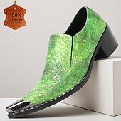 baratos Mocassins de couro premium-Mocassins masculinos em couro legítimo verde com estampa de cobra, elegantes sapatos sem cadarço para casamentos, calçados estilosos para noivos e convidados.