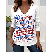  Itsenäisyyspäivä Patriottinen Naisten T-paita Printti Graafinen Amerikkalainen Lippu Vintage Tyylikäs Vapaa-ajan Pitkähihainen V-kaula-aukko Normaali Yksityiskohdat Päivittäin Viikonloppu Sininen