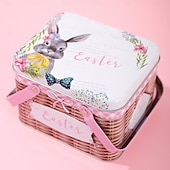 cheap Easter-Easter Bunny Tin Carry Basket, Colorful Metal Rabbit Storage Box with Handle, Creative Easter Decoration Treat Gift Container