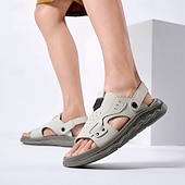abordables Sandales décontractées-Sandales en cuir vert olive pour homme, à bride ajustable, antidérapantes et confortables, idéales pour la plage, la randonnée et le quotidien.