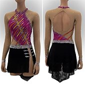 preiswerte Eiskunstlaufkleider-Eiskunstlaufkleid Mädchen Eislaufen Kleid Rosenrot Patchwork Offener Rücken Dehnbar Training Wettbewerb Eiskunstlaufkleidung Klassisch Kristall / Strass Langarm Eislaufen Eiskundstlauf