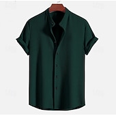 cheap Men's Button Up Shirts-Men's Shirt Summer Shirt Beach Wear Corduroy Shirt Navy Blue Short Sleeve Plain Stand Collar Mandarin Collar Henley Casual Daily Clothing Apparel Fashion Casual Comfortable Smart Casual