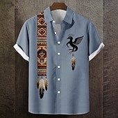 cheap Ethnic Pattern-Men's Geometric Indian Culture Native American Feather Shirt Button Up Shirt Short Sleeve Vintage Retro Daily Outdoor Vacation Summer Spring Turndown 3D Print Linen Like Shirt Blue Green Khaki Gray