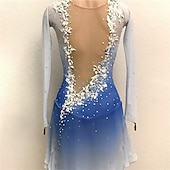 abordables Robes de Patinage Artistique-Robe de patinage artistique Femmes Patinage Robe Bleu + Blanc Patchwork Ourlet asymétrique Élastique Entraînement Compétition Tenue de Patinage Classique cristal pailleté manche longue Patinage sur