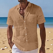 Voor heren Linnen overhemd Zomer overhemd Strand Kleding Overhemd met knopen Effen Casual Vakantie Zwart Wit Marineblauw Hemelsblauw Korte mouw Strijkijzer Zomer Kleding Zak