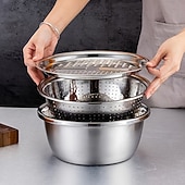 voordelige Fruit- &amp; Groentebenodigdheden-3-delige roestvrijstalen keukenset met geïntegreerde hakmolen, multifunctioneel filter en mengkom, ideaal voor het schoonmaken en snijden van fruit, groenten en kaas, perfect voor thuis koken,