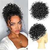 levne Drdoly-Nedbalý drdol pro ženy, 25 cm kudrnatý drdol, volné vlny, syntetické prodloužení vlasů, elastický stahovací drdol se šňůrkou pro každodenní použití (černý) 25 cm