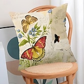 baratos Jogue travesseiros, inserções e capas-Capa de almofada decorativa em linho com estampa floral de primavera e pássaros, ideal para sala de estar, sofá e decoração de casa.