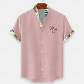 preiswerte Tropische Pflanzen-Herren Kokospalme Tropische Pflanzen Blumen Sommer Hawaiihemd Knopfhemd Stehkragenhemd Kurzarm Hawaiianisch Strandurlaub Sommer Frühling Mandarinkragen 3D-Druck Leinenähnliches Hemd Blau Rosa Grün
