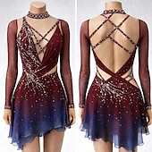 cheap Figure Skating Dresses-Figure Skating Dress Women's Ice Skating Dress Burgundy Patchwork Open Back Stretchy Training Competition Skating Wear Classic Crystal / Rhinestone Long Sleeve Ice Skating Figure Skating